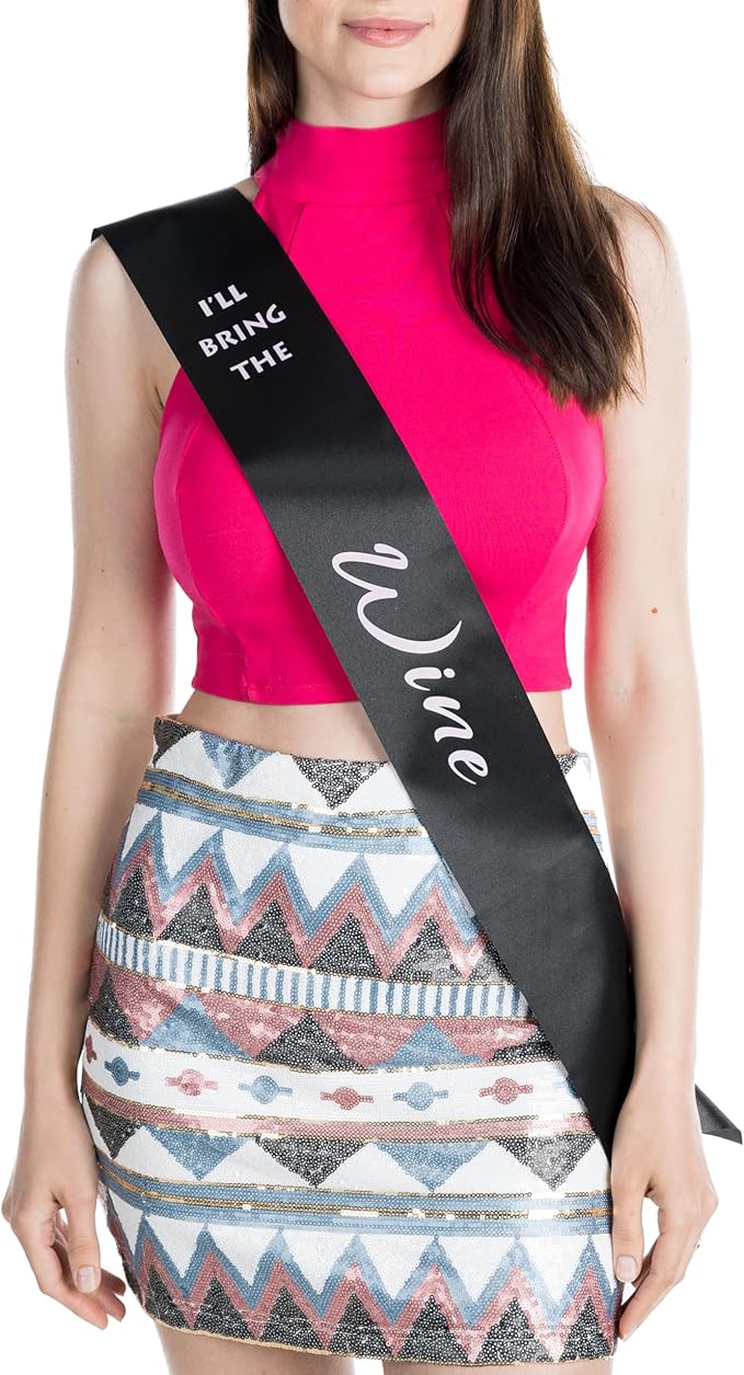 Funky Junque Bridal Sash Bachelorette Party Bridal Shower Gift - I'll Bring The - Wine (Black/Light Pink)
