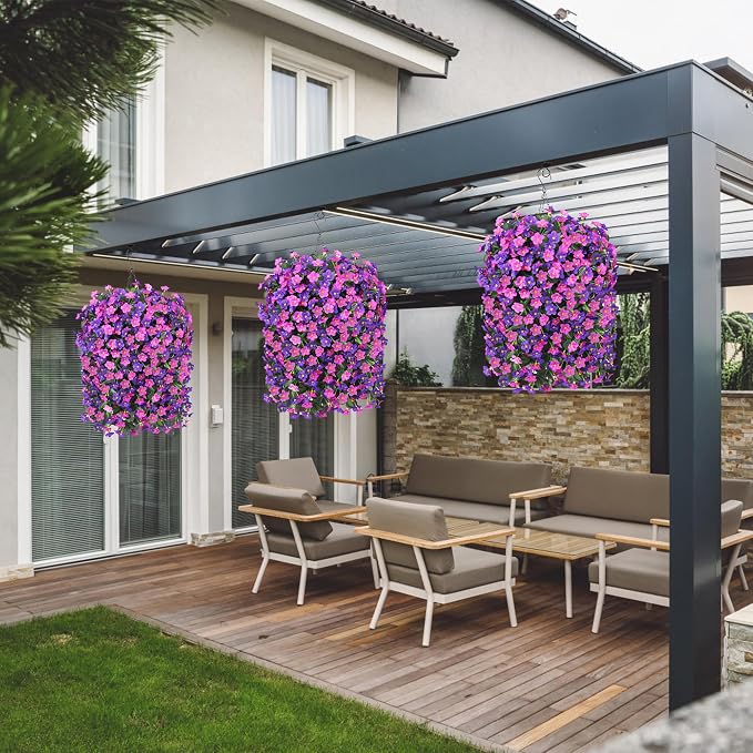 Artificial Flowers Baskets for Outdoor Decoration, Fake Hanging Plants Silk Dark Purple Fuchsia Daisy Mums Trailing Vines in Planter Realistic UV Resistant for Balcony Porch Decor
