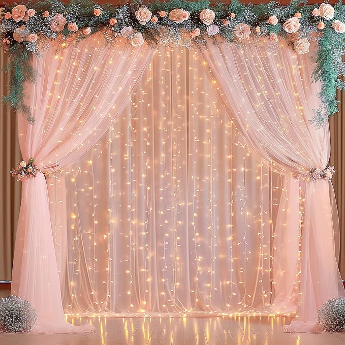 10x8ft Peach Tulle Backdrop Curtain with Lights String for Parites, Sheer Backdrop Drapes for Wedding Baby Shower Birthday Party Photo Shoot Decorations