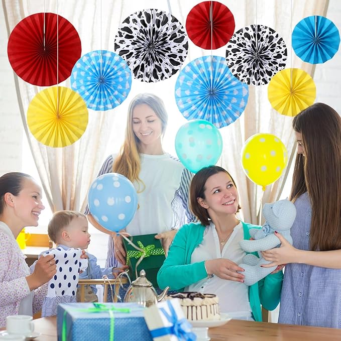 Outus 9 Pcs Cartoon Story Party Paper Fans Blue Sky White Clouds and Cow Print Hanging Decorations Red Yellow Blue Paper Fans Hanging Ceiling Wall Decors for Birthday Baby Shower Party Supplies
