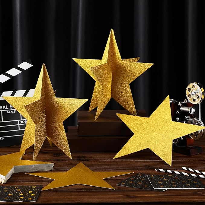 Sinload 18 Pcs Large 3D Glitter Star Decorations Back to School Work Gold Star Centerpiece Standing Hanging Decor for School Centerpiece Starry Movie Night Themed Party Decor