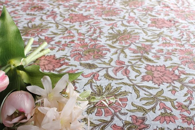 Ridhi New York Pink and Olive Green Hand Block Print Cotton Rectangle Tablecloth 120" x 80" inches Reusable Table Cover Decorative Everyday Use for Dining Room, Farmhouse, Gift Spring, Mother's Day