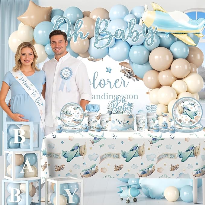 cocomigo Airplane Baby Shower Decorations for 25 Guests, 288PCS All-in-One Blue Baby Shower Decorations Boy Set with Banner, Balloon, Plates, Backdrop Cupcake Toppers & Centerpieces, Easy Setup