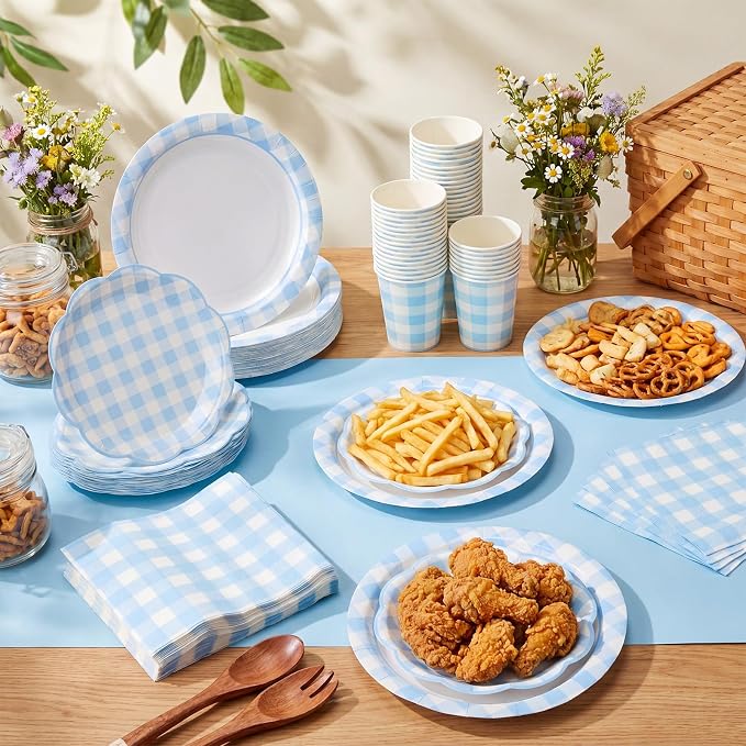 Funnymoom 250 Pcs Blue Gingham Paper Plates and Napkins Party Supplies Blue White Checkered Disposable Plaid Tableware Set Scalloped Dessert Plates for Wedding Bridal Shower Picnic Party Decorations