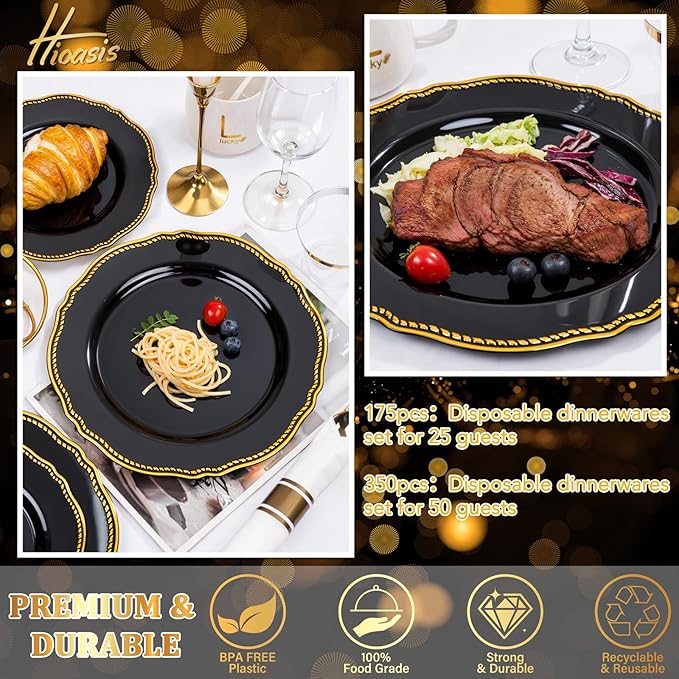 Hioasis 175pcs Black and gold Plastic Plates - Gold Plastic Dinnerware Set Includes 25 Dinner Plates, 25 Dessert Dinnerware, 25 Cups, 25 Napkins Perfect for Wedding & Party