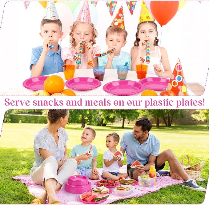 Kochorie 300 Pack Hot Pink Plates 7" & 6" Disposable Plastic Plates Round Dessert Plate Set Food Grade, BPA-Free, Heavy Duty Dinner Tableware for Bulk Party Events, Weddings, Birthdays Supplies