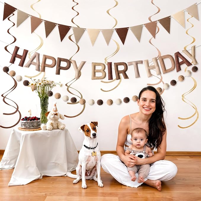 Kriyokiaa Pre-Strung Felt Happy Birthday Banner Retro Brown Happy Birthday Party Decorations with Pom Pom Garland, Flag and Hanging Swrils for Women Men Boys Girls Party Decor