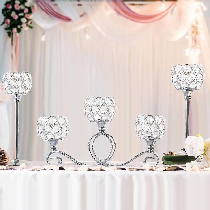 Silver 5 Arm Metal Crystal Tea Light Candle Holder, Elegant Wedding Table Centerpiece Candle Holder, Christmas Wishing Crystal Bowl Candle Holder Suitable for Wedding Party Living Room Decoration