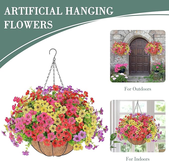 AGIRL 2 Set Artificial Hanging Flowers with Baskets for Outdoors,UV Resistant Fake Hanging Plants for Outdoor Porch Patio Garden, Realistic Silk Flowers for Spring Summer Home Decor
