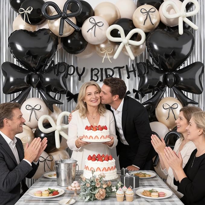 Black Bow Birthday Party Decorations, Coquette Bow Black Sand White Beige Balloons with Bows Decor Happy Birthday Banner Fringe Curtain for Women Girls Bows Theme Bachelorette Baby Shower Party