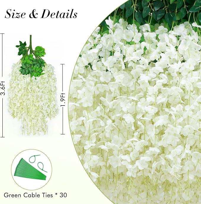 Waipfaru 40 Pack White Wisteria Hanging Flowers, Fake Flowers for Decoration, Artificial Hanging Flowers, Vines for Bedroom, Flower Garland for Home, Party, Wall, Wedding Decoration(3.6 Ft/Pcs)