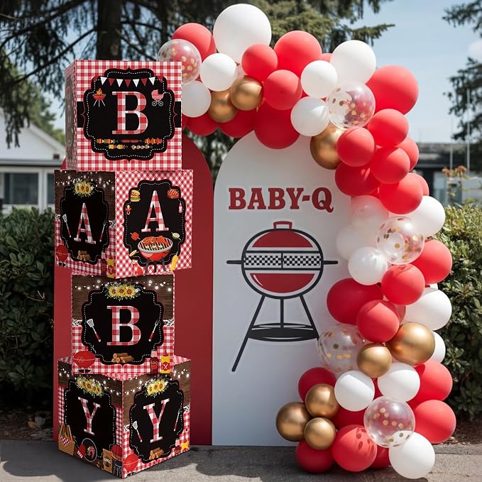 AmazingSpark 4 Pcs BBQ Baby Shower Boxes with Letters BBQ Candy Box Decor with Letters Blocks Newborn Birthday Shower Centerpiece for Party Backdrop