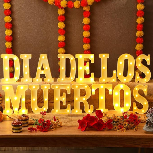 Aurelema 15 Pcs Day of The Dead Decorations Dia De Los Muertos Large LED Letter Signs LED Lights Battery Powered Table Decorations for Mexican Fiesta Party