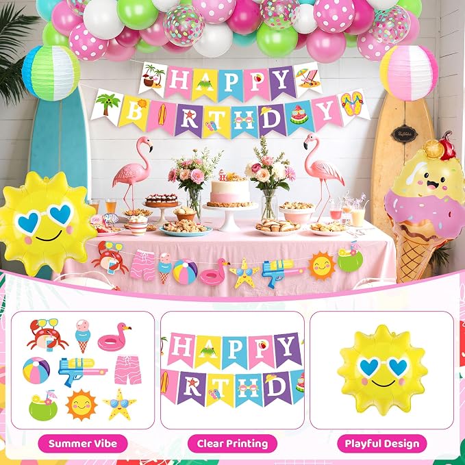 Summer Pool Beach Party Decorations, Splash Birthday Bash Party Supplies Tropical Summer Banner Beach Ball Lantern Fringe Curtain Foil Balloons Arch for Girls Swimming Luau Hawaiian Party Decor(Pink)