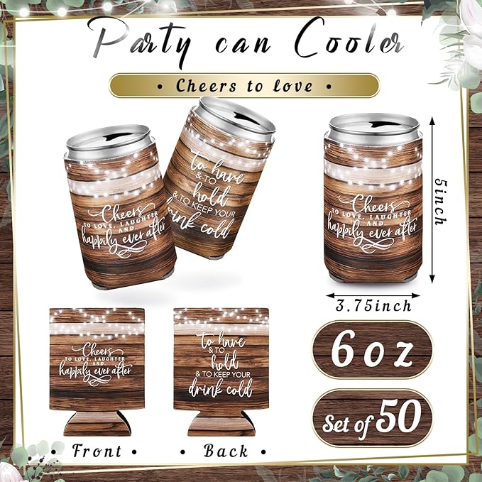 Qinyoung 50 Pieces Wood Grain Wedding Can Cooler Bulk Engagement Party Favors for Guests Cheers to Love and Happily Ever After Rehearsal Dinner Decorations for Wedding Bridal