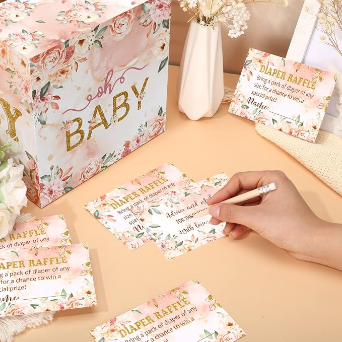 Teling 51 Pieces Diaper Raffle Tickets with Card Box Baby Shower Decorations Baby Shower Holder Box for Girl Boy Diaper Raffle Party(Floral Style)