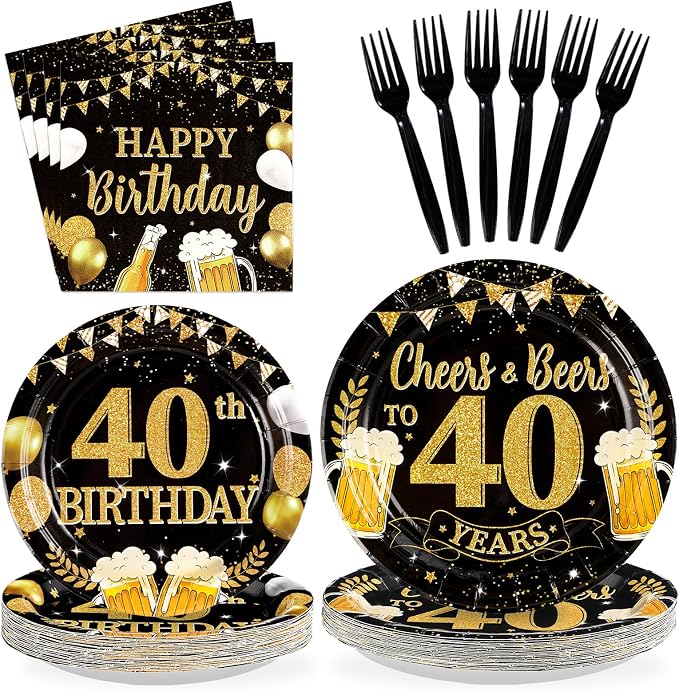 96Pcs 40th Birthday Party Supplies Black Gold Plates and Napkins Tableware Sets Cheers and Beers to 40 Years Decorations Favors for Men Women 40 Years Old Birthday Graduation Holiday Party Serves 24