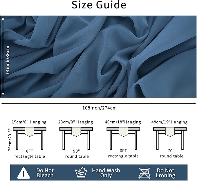 12 Pack Chiffon Table Runner 14x108 Inch Long 9ft Sheer Table Runners for Party Romantic Wedding Bridal Shower Fall Decorations-Dusty Blue