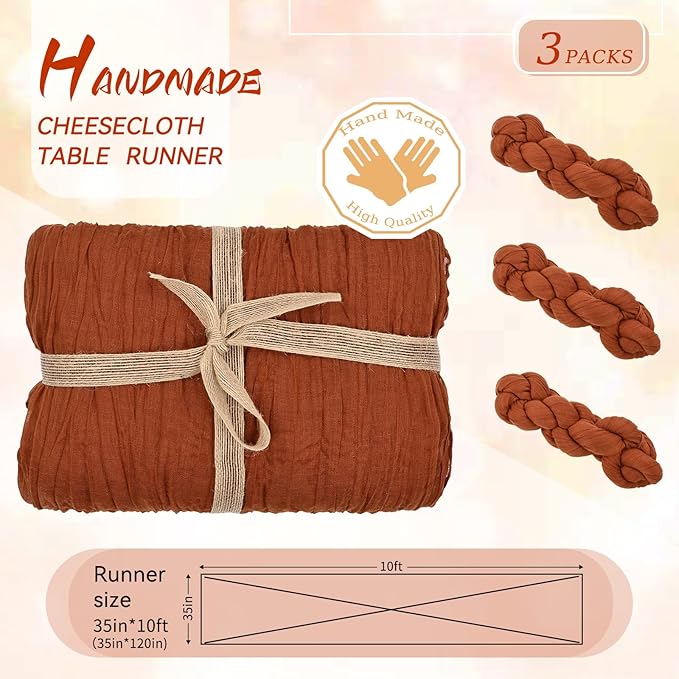 3 Packs Terracotta Cheesecloth Table Runner, 10Ft x 35" Rustic Gauze Boho Wedding Table Runner Decoration, Wedding Table Decor Table Cloth for Wedding Party Bridal Shower Table