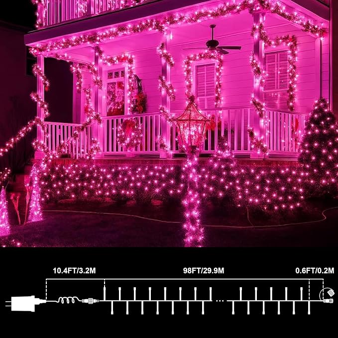 LAMPHOME 99ft Pink Valentine Lights String, 300 LED Valentines Day String Light Plug in, 16Lighting Modes Transparent Wire Fairy Starry for Indoor Outdoor Xmas Tree Wedding Party Decoration