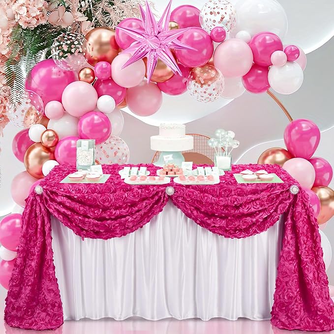 Fanqisi Hot Pink Rosette Tablecloth: 50x102 Inches Wedding Tablecloth - Party Satin 3D Floral Table Cover for Baby Shower Decorations