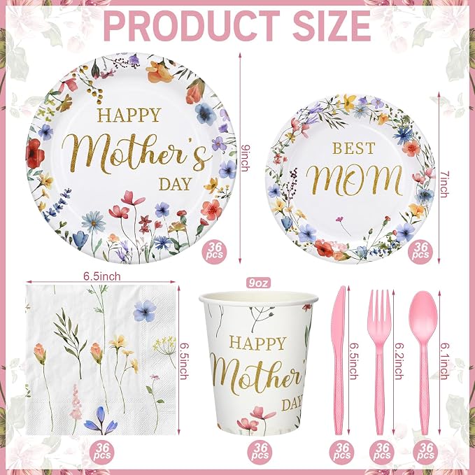 Yungyan 252 Pcs Mother's Day Wildflower Party Tableware Set Happy Mother's Day Floral Paper Plates Napkins Cups Forks Knives Cutlery for Party Decorations Supplies