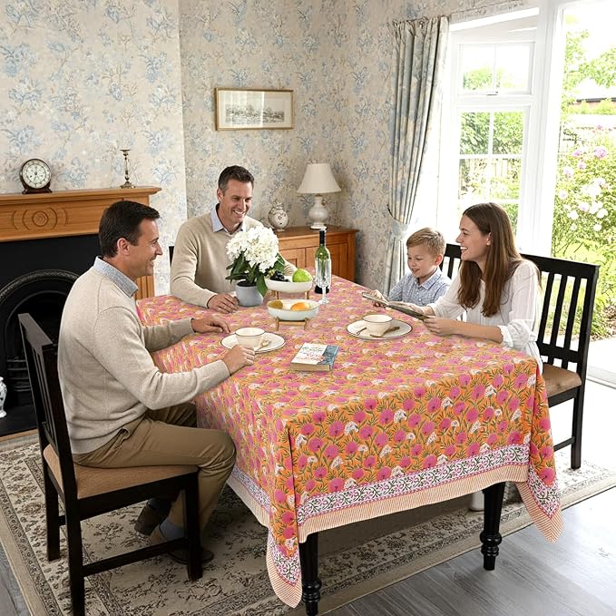 Ridhi Bubblegum Pink Hand Block Print Cotton Rectangle Tablecloth 108" x 60" inches Reusable Table Cover Decorative Everyday Use for Dining Room, Farmhouse, Home Gift for Spring, Mother's Day