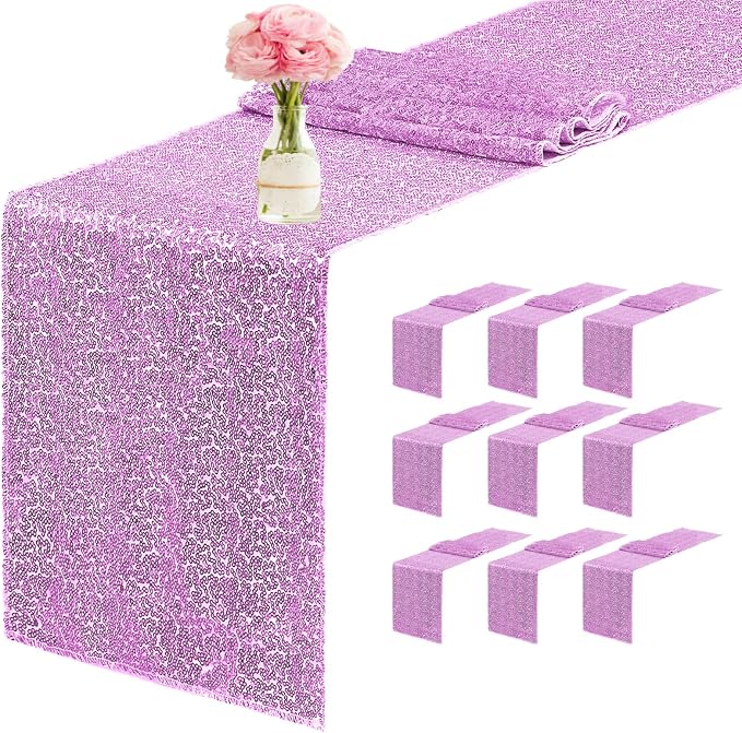 10 Packs 12 x 72 inches Sequin Table Runner, Lavender Glitter Table Runner for Birthday Party Supplies Wedding Engagement Baby Shower Holiday Celebration Event Decorations