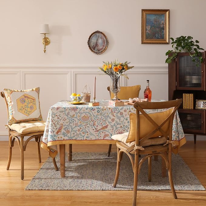 patdrea Vintage French Linen Tablecloth,Rectangular,87"x63"-Magnolia | Colorful Elegant Table Cloth for Rectangle Table,Yellow Floral Bird Print,Dining Room Tea Party Decoration,Durable