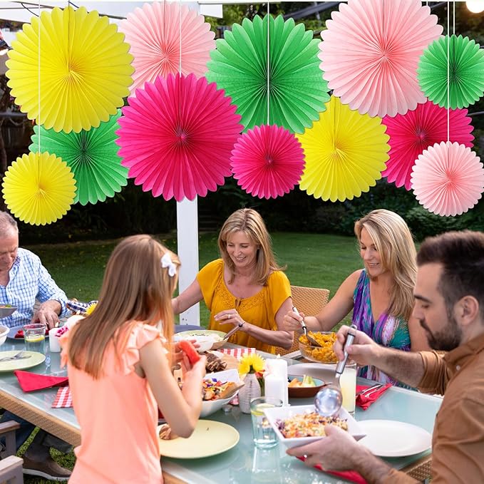 MotiMind 24 Pcs Hawaiian Party Decorations Hanging Paper Fans Flowers for Luau Flamingo Birthday Party Classroom Pink Green Rose Red Yellow Background Ceiling Wall Decor Wedding Baby Bridal Shower