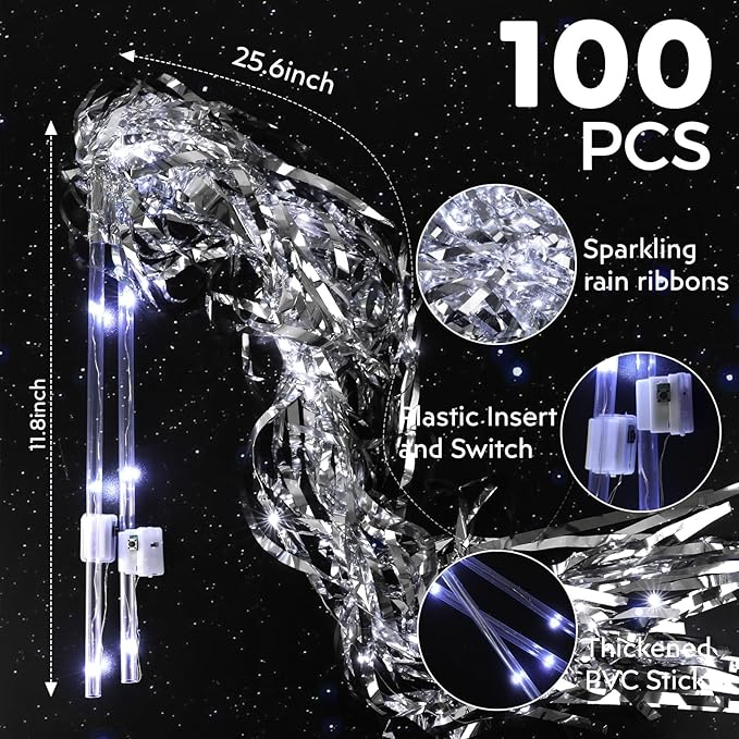 100 pcs Wedding Wands Tinsel, Light up Wand Wedding with LED, Wedding Wand with Light for Wedding Send off, Ideal Props for Weddings, Birthday Parties, Christmas Cheerleading Games (Silver)