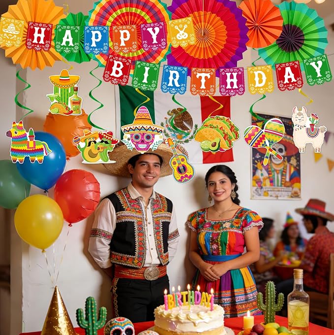 Rakuto Mexican Fiesta Party Decorations, 16PCS Mexican Happy Birthday Banners with Hanging Swirls Decorations, Taco Themed Paper Fans Bday Decor Supplies