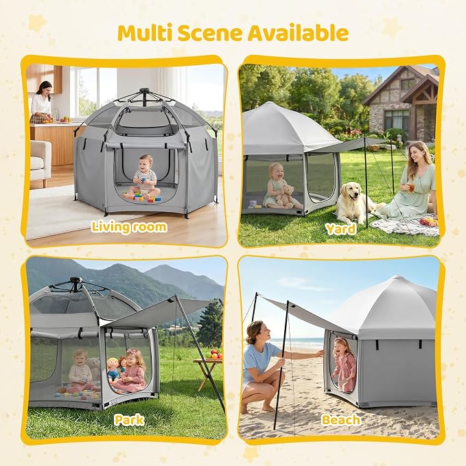 Dripex Upgraded Pop Up Playpen w/t 2-Side Canopy Extension & Built-in Pad,Quick Foldable Indoor/Outdoor Baby Playpen w/t One-Click Safe Lock,2-Side Roll-Up Door,Travel Pop and Go Beach Play Pen Grey