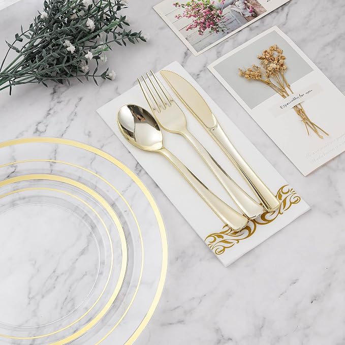BESTVIP 700PCS Clear Gold Disposable Dinnerware Set for 100 Guests, Plastic Plates for Party, Wedding, Christmas, Include: 200 Plastic Plates, 100 Gold Silverware, 100 Cups, 100 Napkins