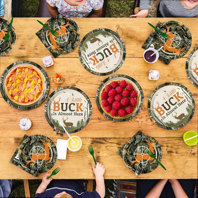 Grencian 96Pcs Hunting Deer Camo Baby Shower Supplies Oh Deer Plates and Napkins A Little Buck is Almost Here Tableware for Outdoor Camping Picnic Hunting Themed Baby Shower Decorations Serves 24