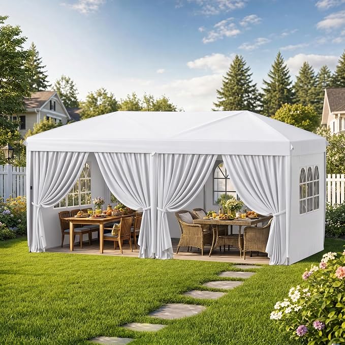 10x20 Pop Up Canopy with Sidewalls, Instant Tent with Carry Bag, Sandbags, Height Adjustable Waterproof Outdoor Canopy, Outdoor Canopy for Events, Camping, Parties (White)