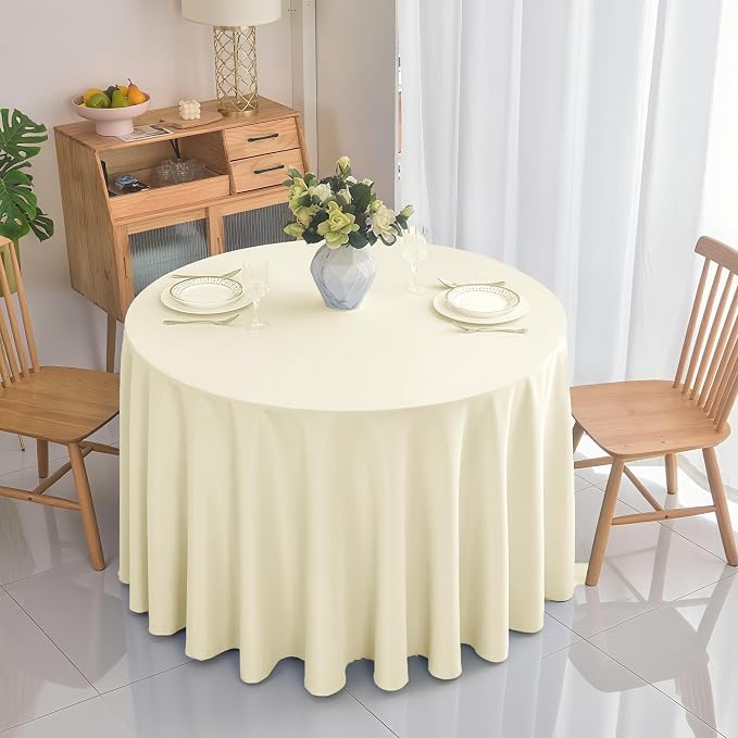 2-Pack Round 120-inch Beige Table Cloths, Solid Stain and Wrinkle Resistant Circular Tablecloth, Premium Plain Weave Polyester Fabric Table Linen Covers for Hotel, Banquet