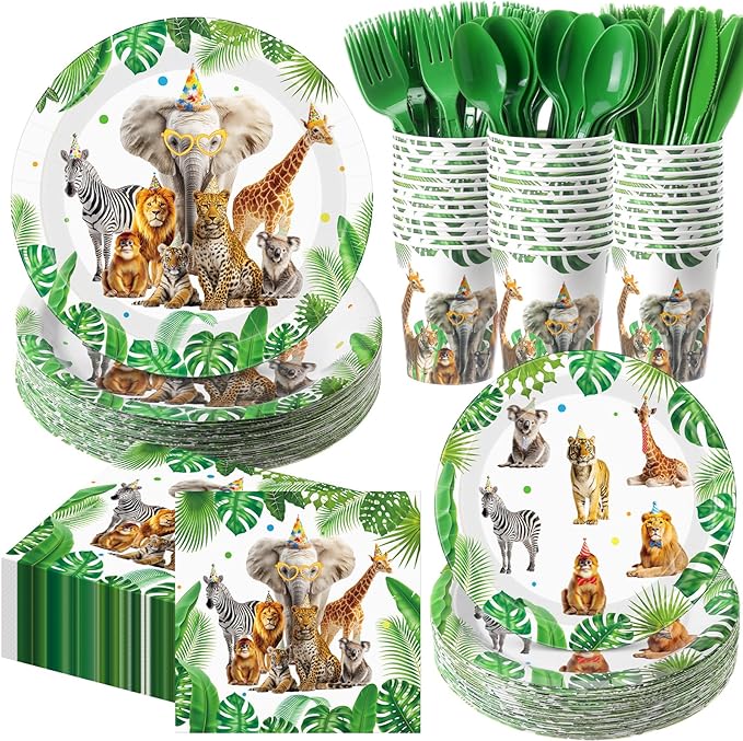Funnymoom 400 Pcs Safari Happy Birthday Party Supplies for 50 Guests Jungle Animals Paper Plates and Napkins Knives Spoon Fork Cup Wild Animals Lion Tiger Dinner Sets for Zoo Birthday Party