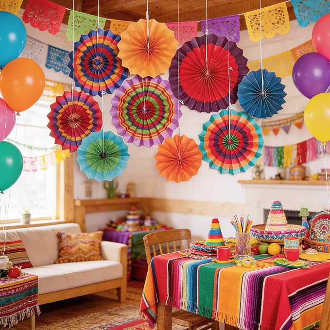 SUNBEAUTY 9 Pcs Colorful Mexican Fiesta Hanging Paper Fans Decorations Paper Fans for Cinco de Mayo Decorations Flower Hanging Mexican Theme Party Decor for Taco Nights Fiesta Party Carnivals