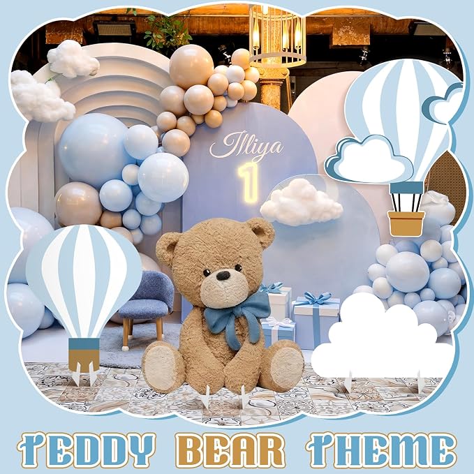 4 Pcs Large 23.62" Teddy Bear Baby Shower Decorations Teddy Bear White Cloud Hot Air Balloon Cardboard Cutouts, Cloud Party Yard Signs for We Can Bearly Wait Birthday Party Supplies