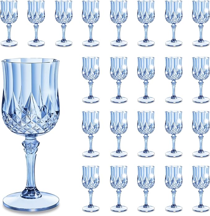 24PCS 7oz Plastic Wine Glasses Drinking Unbreakable Glassware Goblets Cups Blue Water Reusable Vintage Champagne Flutes for Valentine’s Day, Parties, Wedding (24, Blue)