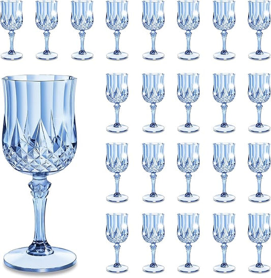 24PCS 7oz Plastic Wine Glasses Drinking Unbreakable Glassware Goblets Cups Blue Water Reusable Vintage Champagne Flutes for Valentine’s Day, Parties, Wedding (24, Blue)