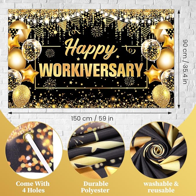 Black Gold Happy Workiversary Decorations Happy Work Anniversary Banner Honeycomb Centerpieces Hanging Swirls Tissue Paper Pompoms Sash Set for Men Women Office Employee Appreciation Party Supplies