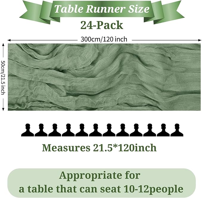 24 Pack Sage Green Table Runner, 10FT Cheesecloth Table Runner Long Romantic Semi Sheer Rustic Boho Gauze Table Runners for Wedding Bridal Shower Birthday Party Decorations(21.5×120 Inch)