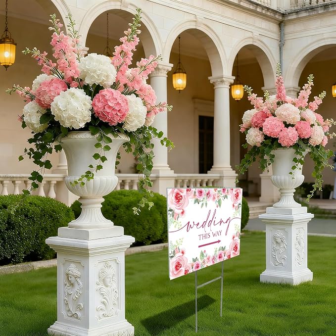 3 Pack 14.5” x 10.5” Wedding This Way Signs Double Sided Printed Wedding Direction Sign with Stakes for Ceremony Reception Lawn Yard Direction Arrow Signs Exquisite Plastic Rainproof Party Supplies,Rose Floral