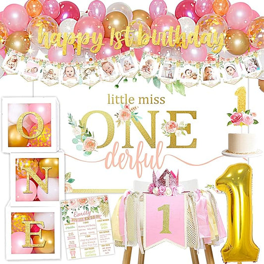 Baby Girl 1st Birthday Decorations - Balloon Boxes, Backdrop, High Chair Banner, Crown, Photo Banner - First Birthday Supplies
