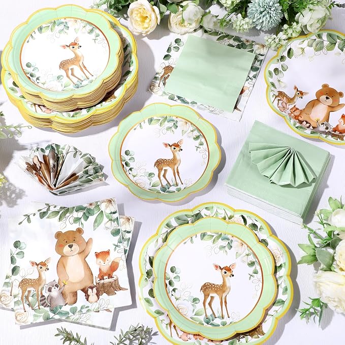 Funnymoom 200 Pcs Woodland Baby Shower Party Supplies Kit Safari Animals Disposable Paper Dinner Dessert Plates Napkins for Birthday Baby Bridal Shower Wedding Party 50 Guests