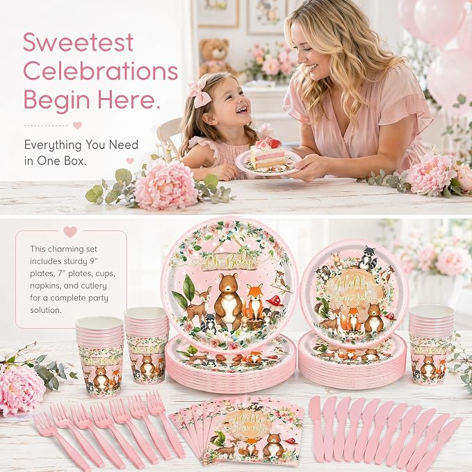 120PCS Woodland Party Supplies for Girls Baby Shower Pink Wild Animal Decorations Plates Napkin Cups Forks Knives Tableware Set for 20 Guests