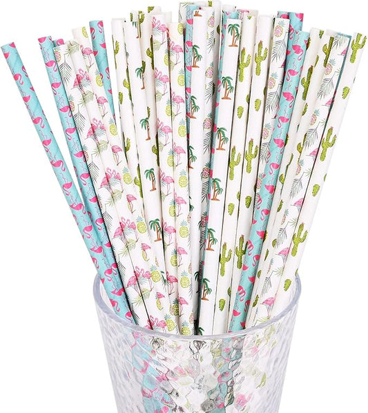 YAOSHENG Hawaiian Tropical Party Paper Straws, Pack 100 for Party Supplies,Birthday,Wedding,Bridal/Baby Shower,Juice, shakes,Smoothies,etc.