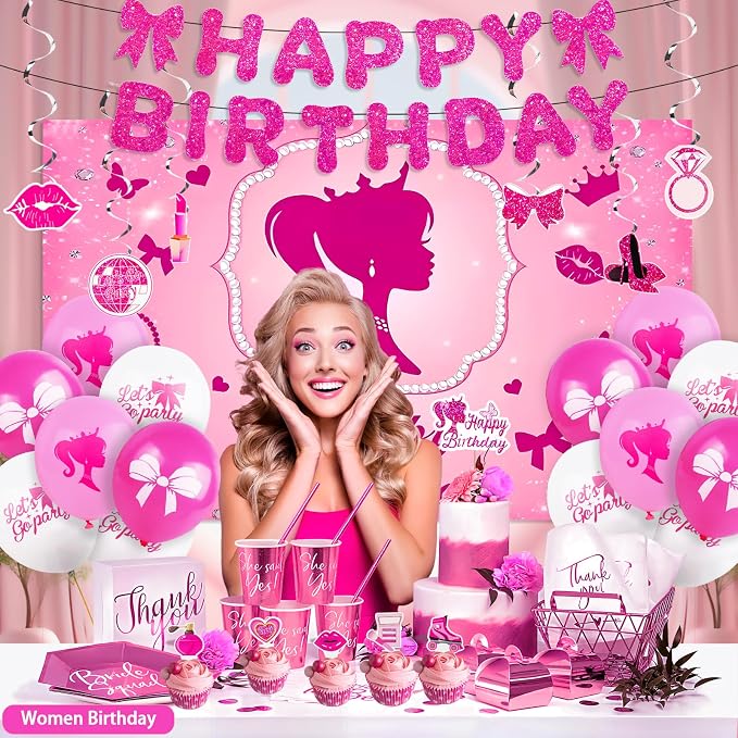 Hot Pink Birthday Party Decorations Supplies, Pink Glitter Happy Birthday Banner, Backdrop, Balloons, Hanging Swirls, Sash, Headband, Cake & Cupcake Toppers for Kids Girls and Women